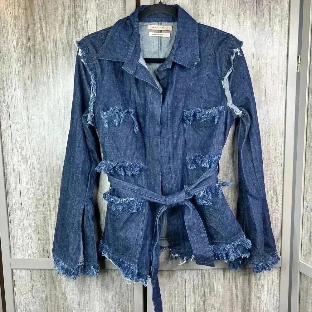Maggie Marilyn Denim Jacket Sz 10 Belted Pockets Contemporary Blue Color